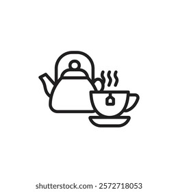 Teapot with teabag on cup icon Simple thin outline