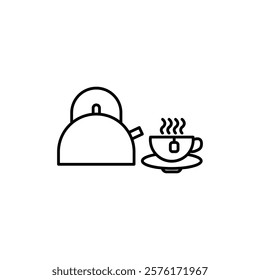 Teapot with teabag on cup icon vector outline logo sign