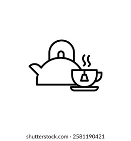 Teapot with teabag on cup icon Thin line art isolated