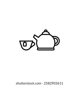 Teapot with teabag on cup icon Flat fill set collection