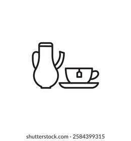 Teapot with teabag on cup icon black and white vector outline sign