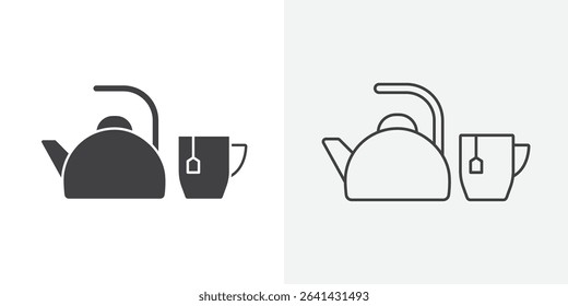 Teapot with teabag on cup icon Line graphics illustration