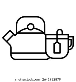 Teapot with teabag on cup icon Thin line vector design