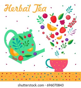 Teapot, teacup. Berries, leaves, herbs. Herbal tea card. Hand written font, lettering.