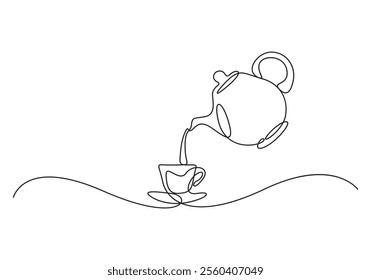 Teapot and teacup continuous one line drawing. Pouring drink hand drawn linear style vector illustration