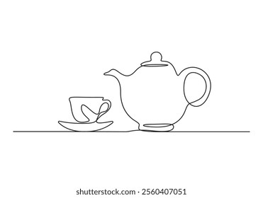 Teapot and teacup continuous one line drawing. Pouring drink hand drawn linear style vector illustration