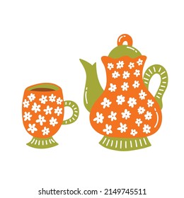 Teapot and teacup cute vector icons set