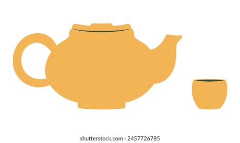Teapot with teacup flat hand drawn illustration. Dragon Boat Festival, Mid Autumn Festival, traditional holiday clip art, card, banner, poster element. Asian style design, isolated vector.