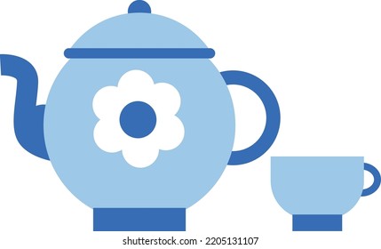 Teapot And Teacup Icon. Blue Ceramic Tea Set