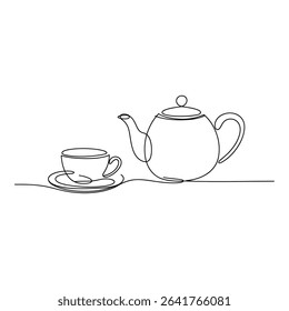 Teapot and teacup isolated on white background in single line art