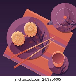 Teapot, teacup, and mooncakes, an illustration celebrating the Mid-Autumn Festival, with a deep purple background