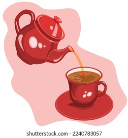 Tetera, té y platillo.Una tetera roja vierte té en una taza de té con un platillo.Composición vectorial de una fiesta de té.