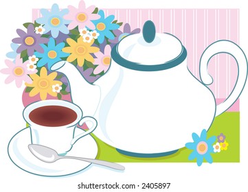 Teapot and teacup with a  vase of flowers