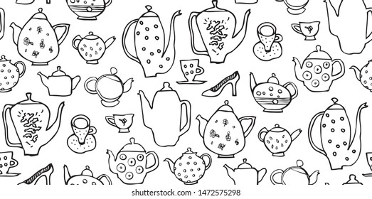 Teapot And Teacups drawing made in funny cartoon style. Seamless pattern.