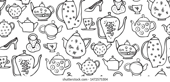 Teapot And Teacups drawing made in funny cartoon style. Seamless pattern.
