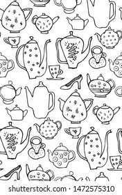 Teapot And Teacups drawing made in funny cartoon style. Seamless pattern.