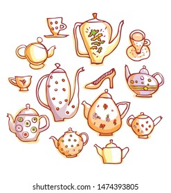 Teapot And Teacups drawing made in funny cartoon style.