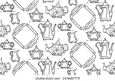Teapot And Teacups drawing made in funny cartoon style. Seamless pattern.