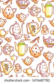 Teapot And Teacups drawing made in funny cartoon style. Seamless pattern.