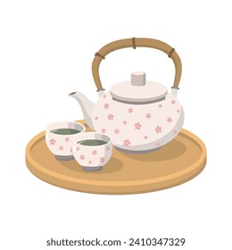 Teapot and teacups with floral ornament on wooden tray, cartoon vector illustration on white background. Chinese, Japanese tea ceremony