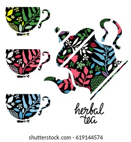Teapot, teacups. Flowers, leaves, herbs. Herbal tea card. Floral pattern hand drawn isolated on white background. Hand written font, lettering