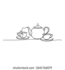 Teapot and teacups isolated on white background in a line drawing