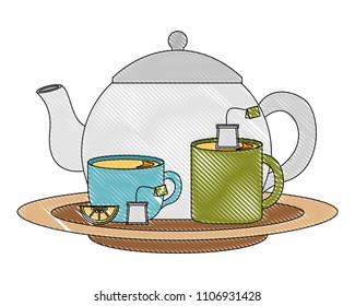 teapot and teacups teabag lemon slice on dish