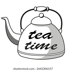 Bule com texto. Vetor do tempo do chá. Forma de chaleira vintage. Ilustração de símbolo de bebida.