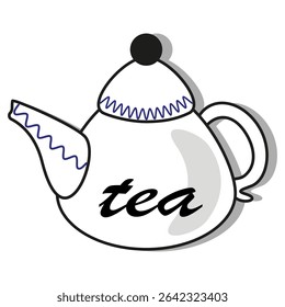 Teapot with text. Tea word vector. Vintage kettle shape. Decorative black lines.