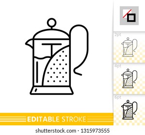 Teapot thin line icon. Tea press banner in flat style. Coffee kettle poster. Linear pictogram. Simple illustration, outline symbol. Vector sign isolated on white. Editable stroke icons without fill