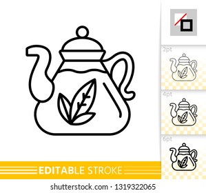 Teapot thin line icon. Tea Making flat style banner. Glass Kitchenware poster. Linear pictogram. Simple illustration, outline symbol. Vector sign isolated on white. Editable stroke icons without fill