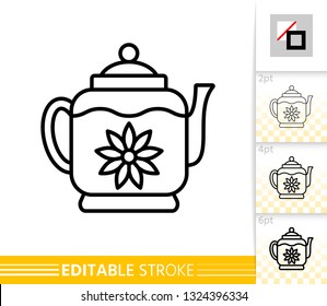 Teapot thin line icon. Tea Making flat style banner. Glass Kitchenware poster. Linear pictogram. Simple illustration, outline symbol. Vector sign isolated on white. Editable stroke icons without fill