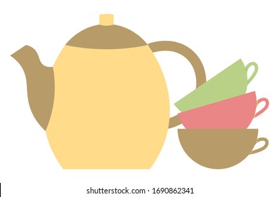 Tetera con tres tazas aisladas en fondo blanco. Utensil para la cocina, tomar té y café. Té verde, rosa y marrón. Ilustración del vector en estilo plano