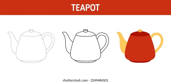 Teapot tracing and coloring worksheet for kids