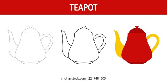 Teapot tracing and coloring worksheet for kids