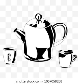 Teapot and two cups in black and white on transparent background.