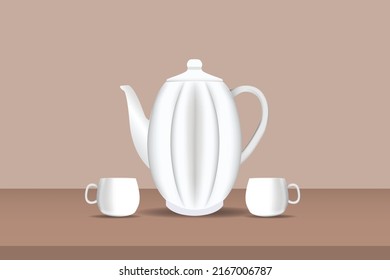The Teapot and Two Cups Design, On A Brown Background Table With Traditional Shades, Can Be Used For Your Tea Design Needs.