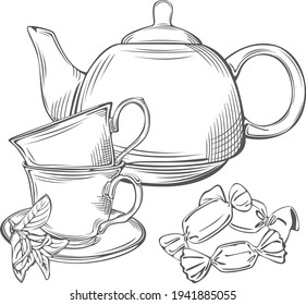 Teapot, two cups with mint and candies in vintage style. Vector image