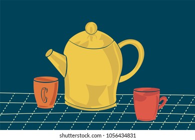 Teapot and two cups on checkered tablecloth.