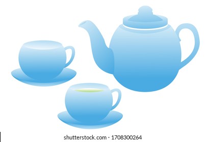 Teekanne mit zwei Tassen und zwei Saucen aus Blau auf weißem Hintergrund. Eine Tasse mit grünem Tee. Stockillustration der Vektorillustration.