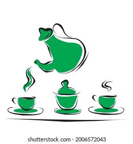 teapot and two cups, vector green icon