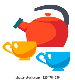 Teapot and two cups. Vector illustration of a flat style.