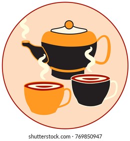 teapot with two full bright cups with tea foam and haze, ceremony of tea drinking for two, vector illustration