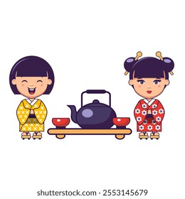 teapot and two japanese  girls in kimono japan symbols flat style design