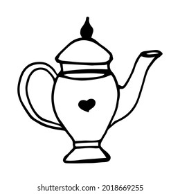 Teapot vector icon. Teapot for tea ceremonies. Container for tea. Doodle kettle. Teapot with a long spout and handle. Drawing of the heart.