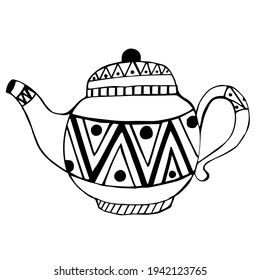 Teapot vector illustration. The isolated object on a white background. Teapot with a pattern, black outline.