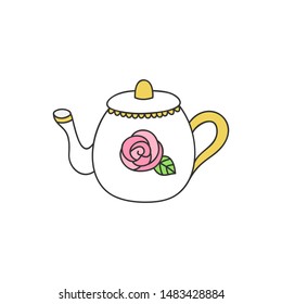 Teapot vector illustration. White teapot with rose and gold details. Hand drawn outlined isolated pot icon, sticker.