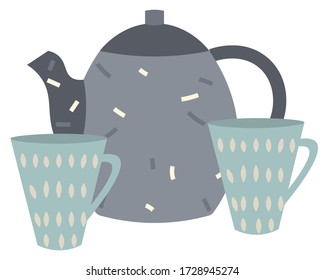 Teapot vector, isolated cup and mugs flat style tea pot with mugs decorated with decorative elements. Kitchenware handmade pots made of clay teacup