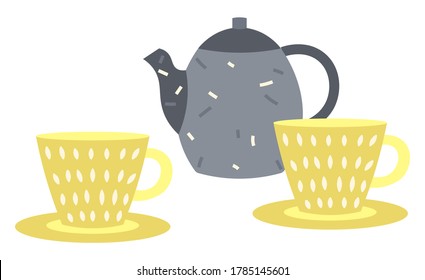Teapot vector, isolated cup and mugs flat style tea pot with mugs decorated with decorative elements. Kitchenware handmade pots made of clay teacup