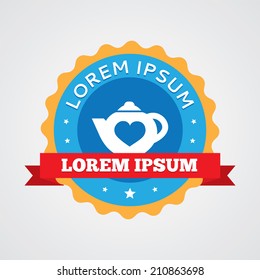 teapot vintage badge, label icon. Blue with red ribbon 